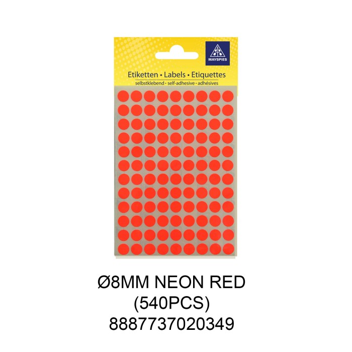 MAYSPIES MS008 COLOUR DOT LABEL / 5 SHEETS/PKT / 540PCS/ ROUND 8MM NEON RED